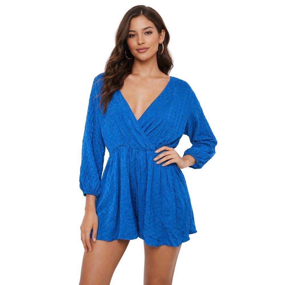 Chelsea28 Blue Wrap Romper Plus‎ Size 1X Polka Dot in Royal Blue Long Sleeve NEW